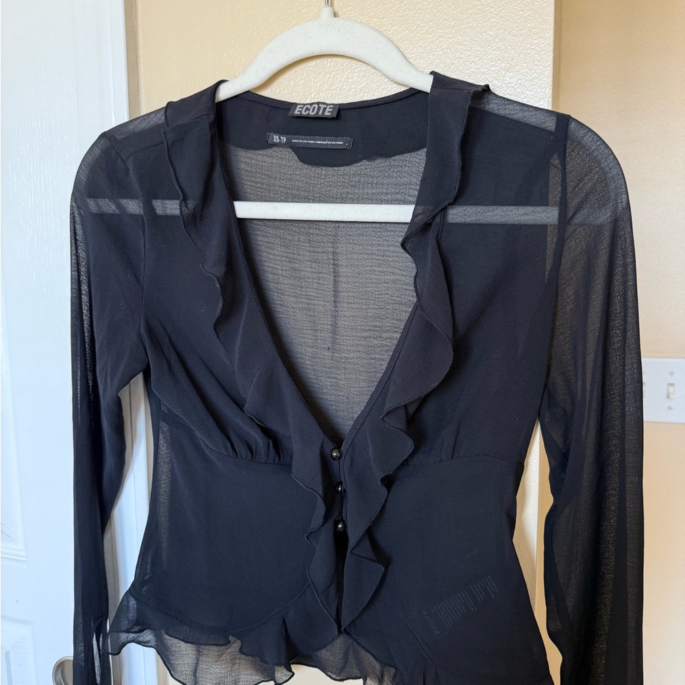 Urban Outfitters Ecote Black Sheer Ruffle Top